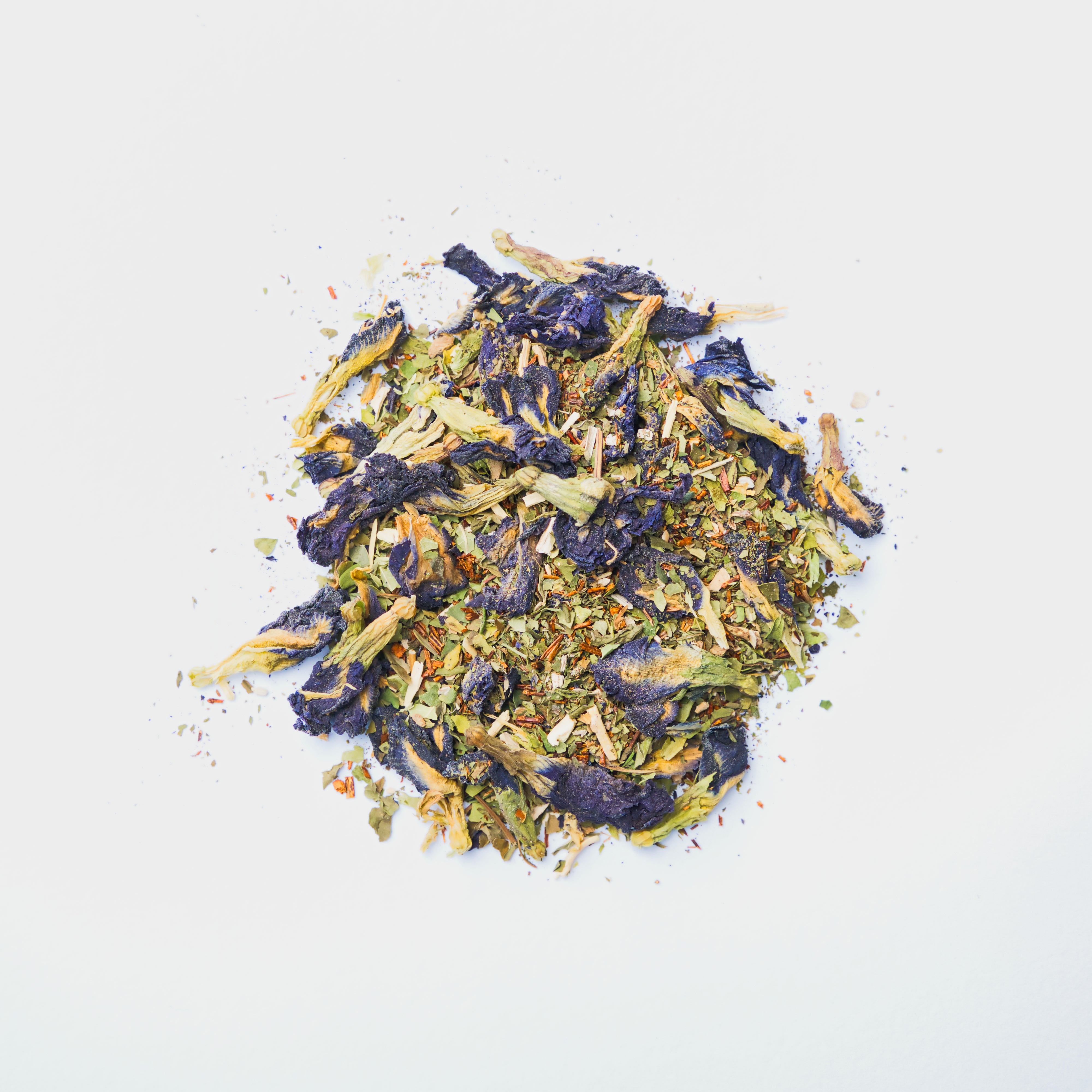 Mix of ayurvedic and herbal ingredients like Butterfly Pea Flowers, Ashwagandha Moringa, Mint Rooibos
