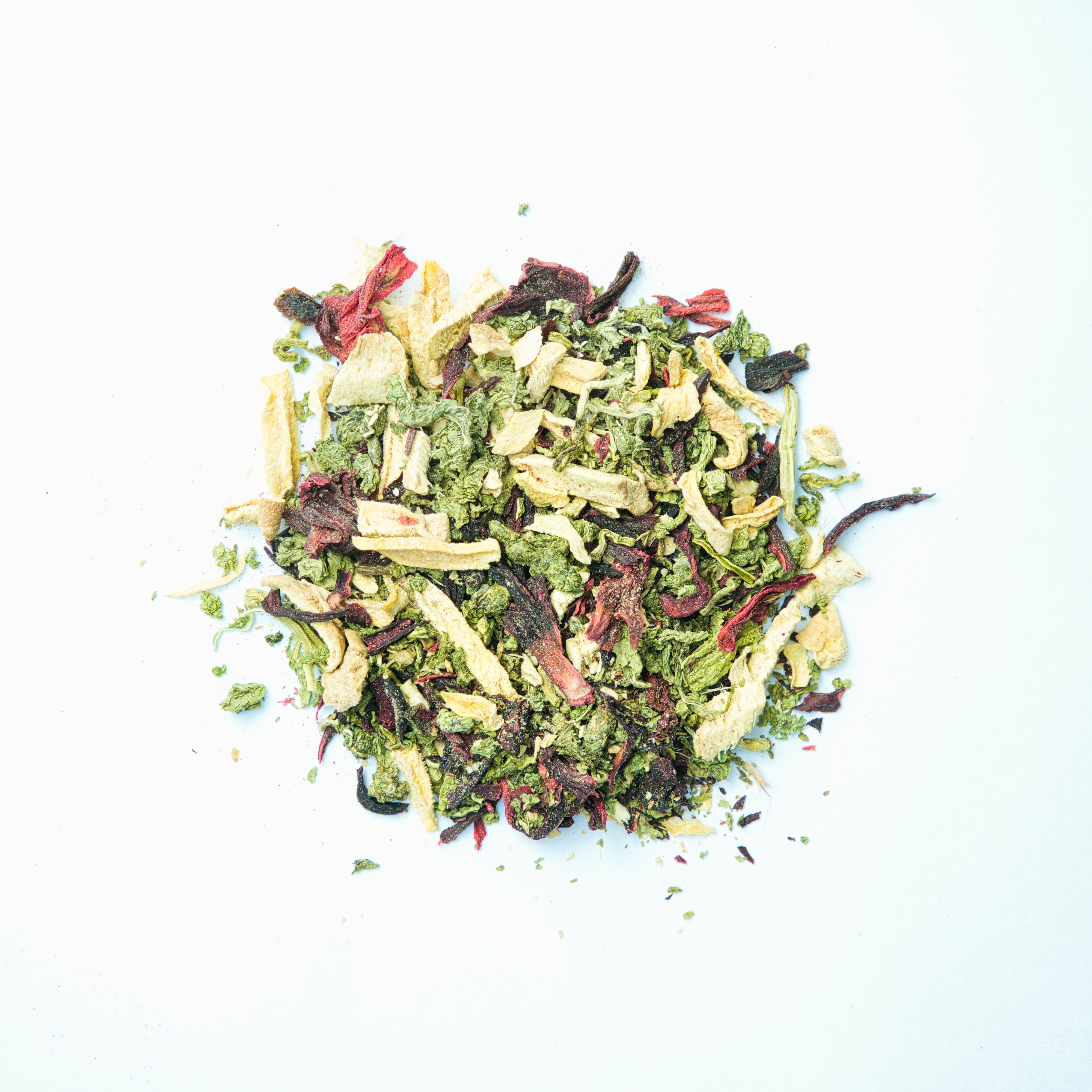 Mix of ayurvedic and herbal ingredients like Hibiscus, Mint, Ginger