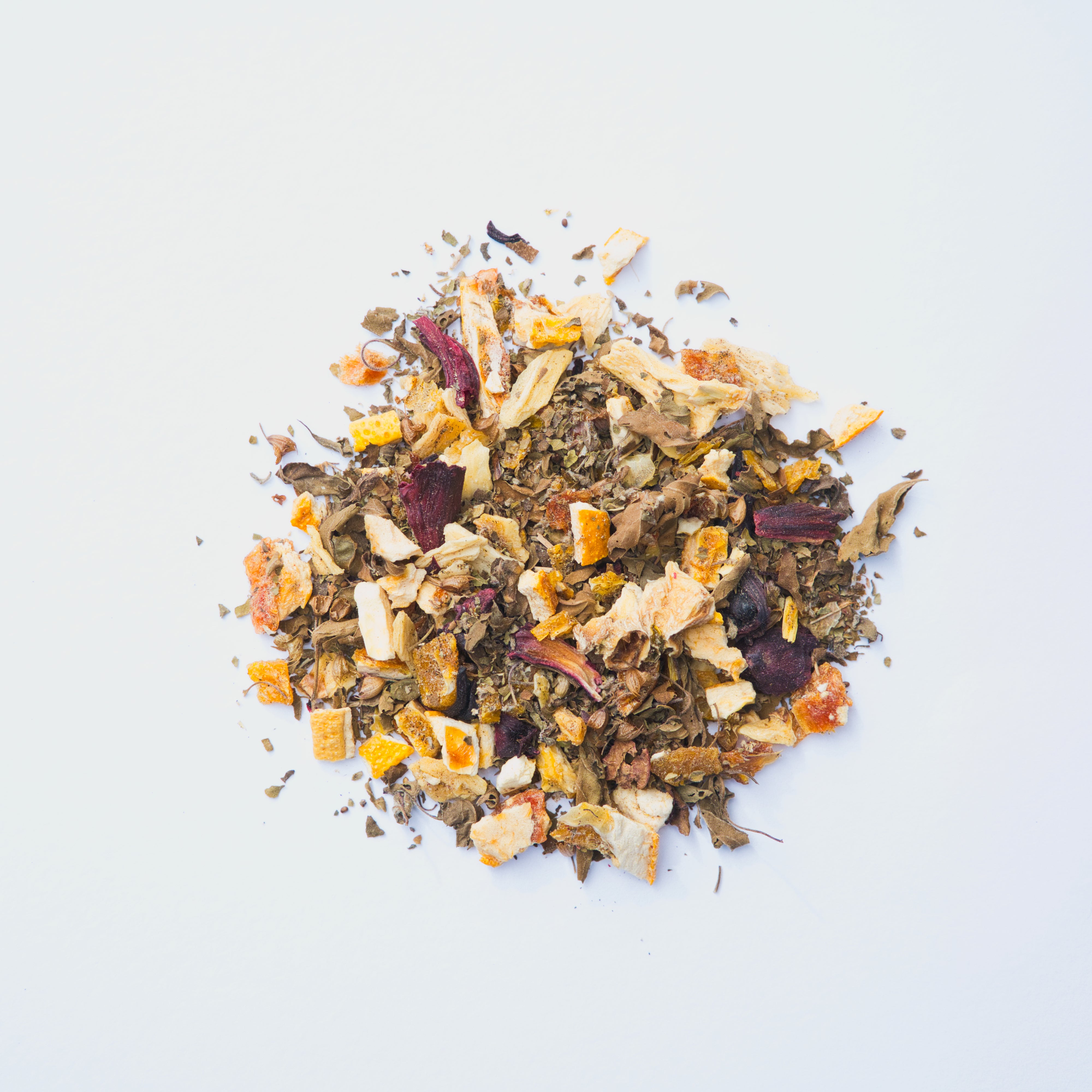 Mix of ayurvedic and herbal ingredients like Hibiscus, Tulsi (Holy Basil), Blood Orange & Orange, Pineapple
