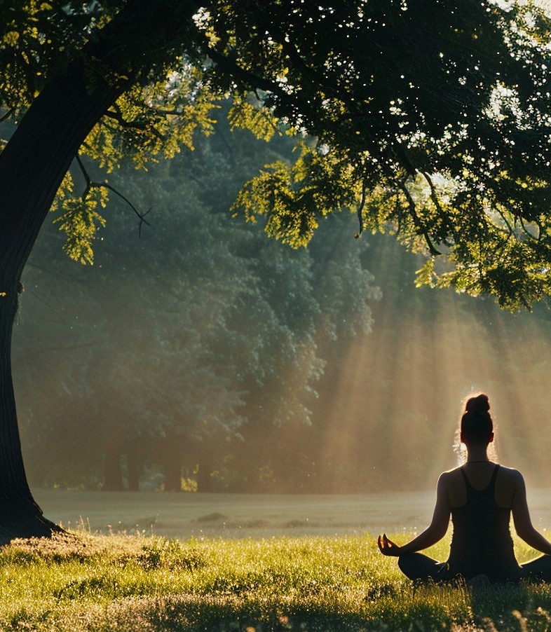 Silhouette of a woman meditating in lotus position under a large tree, with sun rays filtering through the branches in a peaceful forest setting.