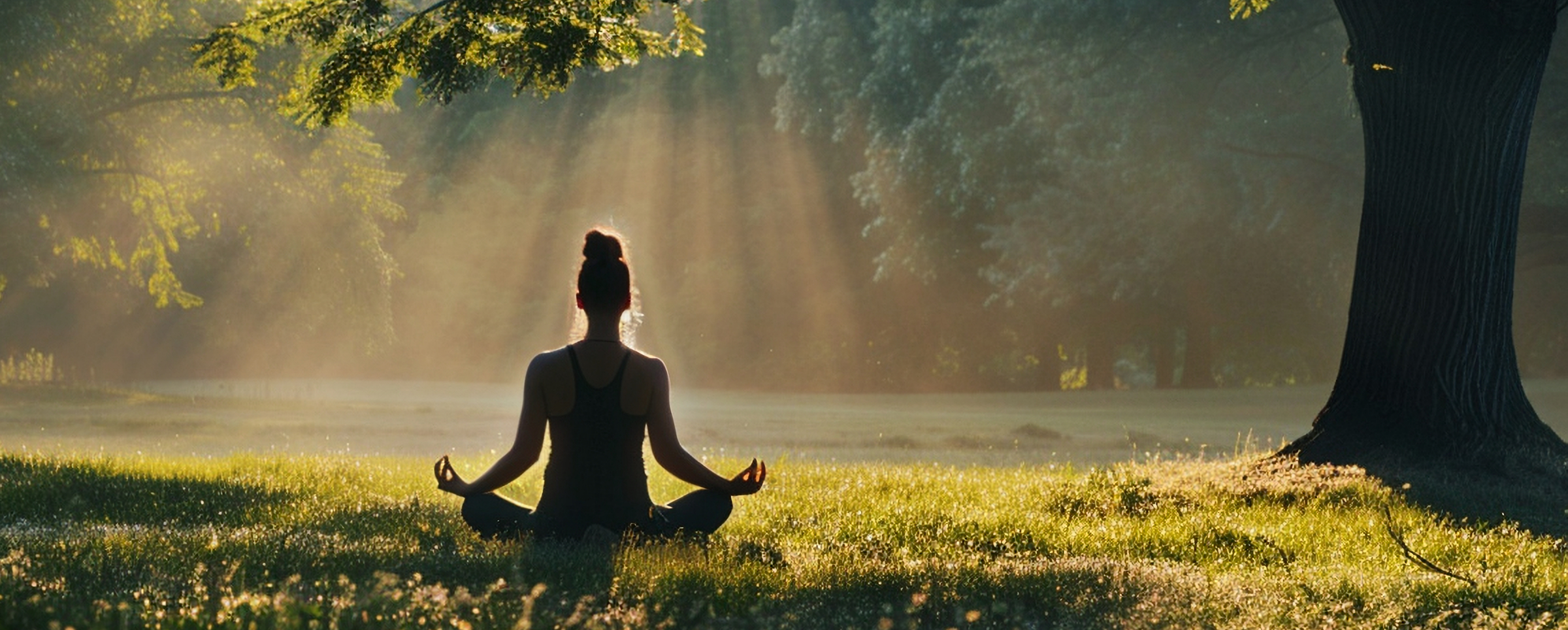 Silhouette of a woman meditating in lotus position under a large tree, with sun rays filtering through the branches in a peaceful forest setting.