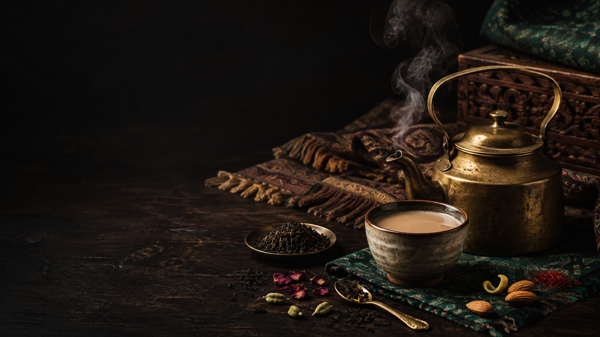 Indian tea ritual with brass, botanicals, and steam